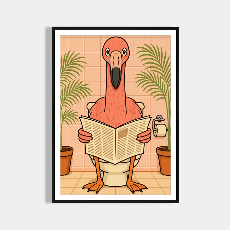 Flamingo liest Zeitung auf der Toilette - Badezimmer Poster Kunstdruck - Gäste WC Deko - Geschenk Einweihungsparty Hausbau Badezimmer Print