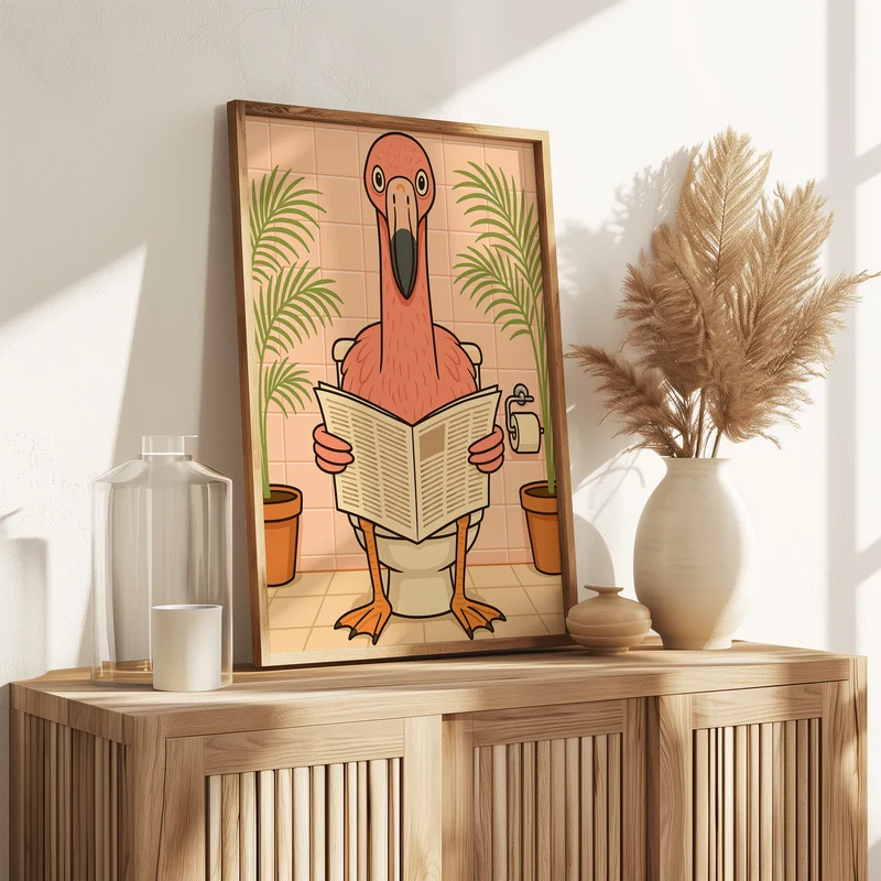 Flamingo liest Zeitung auf der Toilette - Badezimmer Poster Kunstdruck - Gäste WC Deko - Geschenk Einweihungsparty Hausbau Badezimmer Print