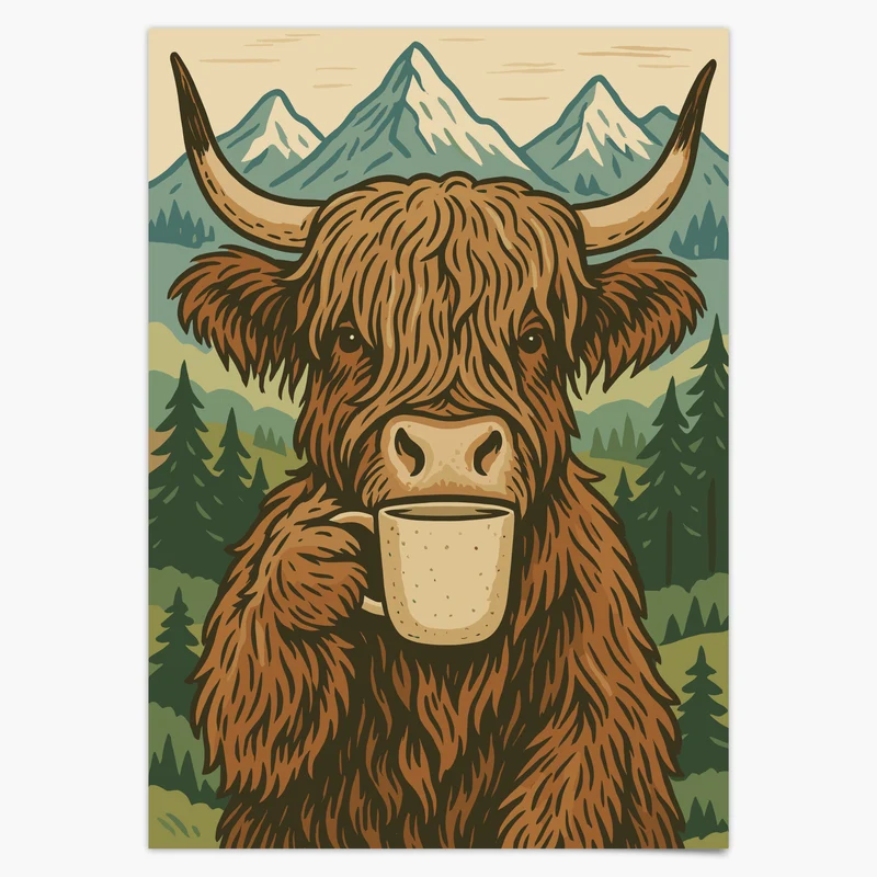 Highland Kuh trinkt Kaffee - Boho Poster Deko - Esszimmer Poster - Küchen Deko Print - Geschenk Kaffeeliebhaber - Moderne Wohndekoration
