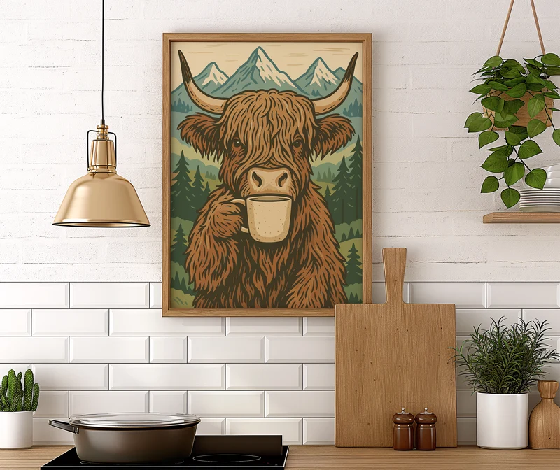 Highland Kuh trinkt Kaffee - Boho Poster Deko - Esszimmer Poster - Küchen Deko Print - Geschenk Kaffeeliebhaber - Moderne Wohndekoration