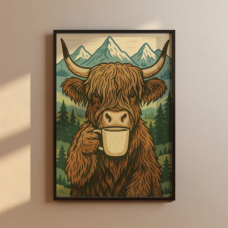 Highland Kuh trinkt Kaffee - Boho Poster Deko - Esszimmer Poster - Küchen Deko Print - Geschenk Kaffeeliebhaber - Moderne Wohndekoration