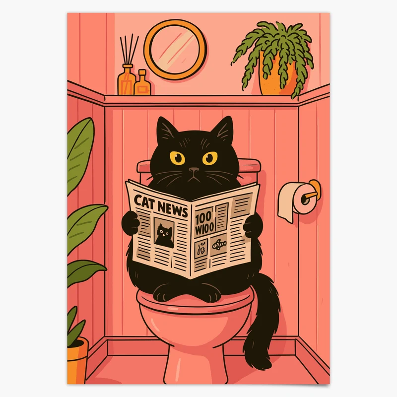 Badezimmer Poster Lustig - Katze liest Zeitung auf dem Klo - Badezimmer Bilder Kunstdruck - Gäste WC Deko - Geschenk Hausbau Moderne Poster