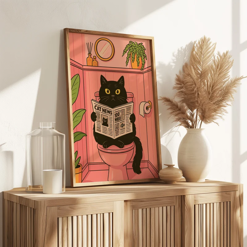 Badezimmer Poster Lustig - Katze liest Zeitung auf dem Klo - Badezimmer Bilder Kunstdruck - Gäste WC Deko - Geschenk Hausbau Moderne Poster