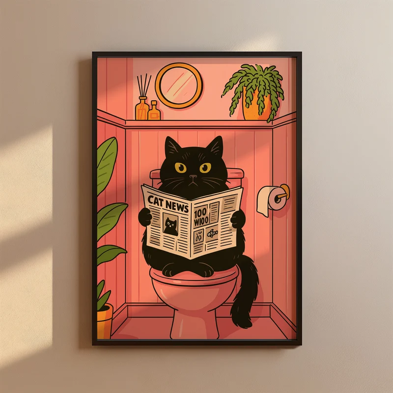 Badezimmer Poster Lustig - Katze liest Zeitung auf dem Klo - Badezimmer Bilder Kunstdruck - Gäste WC Deko - Geschenk Hausbau Moderne Poster