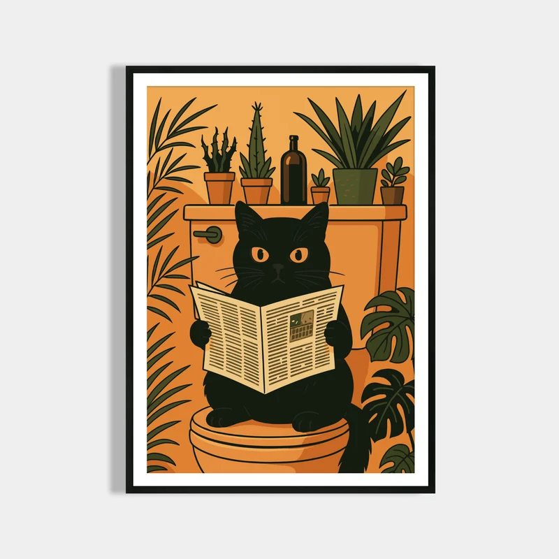 Katze liest Zeitung auf der Toilette - Badezimmer Poster Kunstdruck - Gäste WC Deko - Geschenk Einweihungsparty & Hausbau - Badezimmer Print