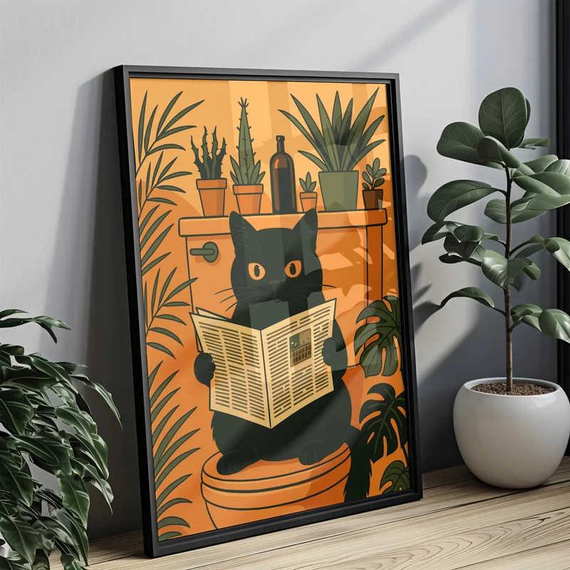 Katze liest Zeitung auf der Toilette - Badezimmer Poster Kunstdruck - Gäste WC Deko - Geschenk Einweihungsparty & Hausbau - Badezimmer Print
