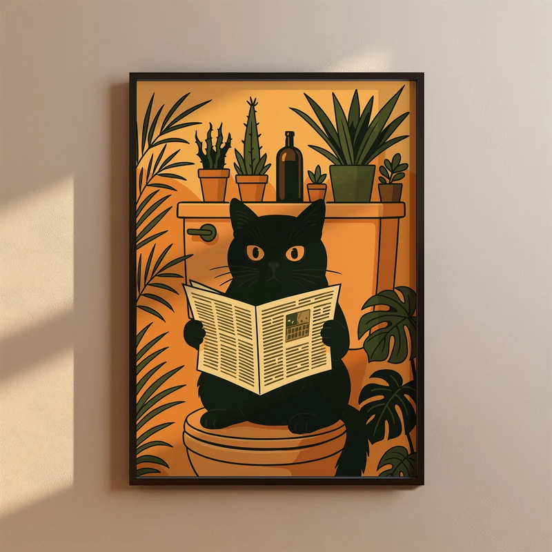 Katze liest Zeitung auf der Toilette - Badezimmer Poster Kunstdruck - Gäste WC Deko - Geschenk Einweihungsparty & Hausbau - Badezimmer Print