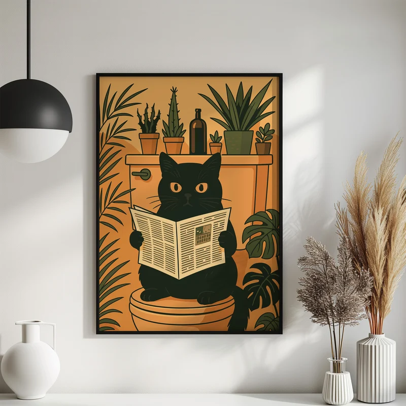 Katze liest Zeitung auf der Toilette - Badezimmer Poster Kunstdruck - Gäste WC Deko - Geschenk Einweihungsparty & Hausbau - Badezimmer Print