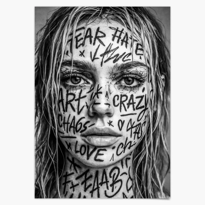 Schwarz-Weiß Frauen Poster Tattoo - Urbane Kunst Print - Moderne Vintage Bilder & Wohndekoration - Wanddekoration Wohnzimmer Schlafzimmer