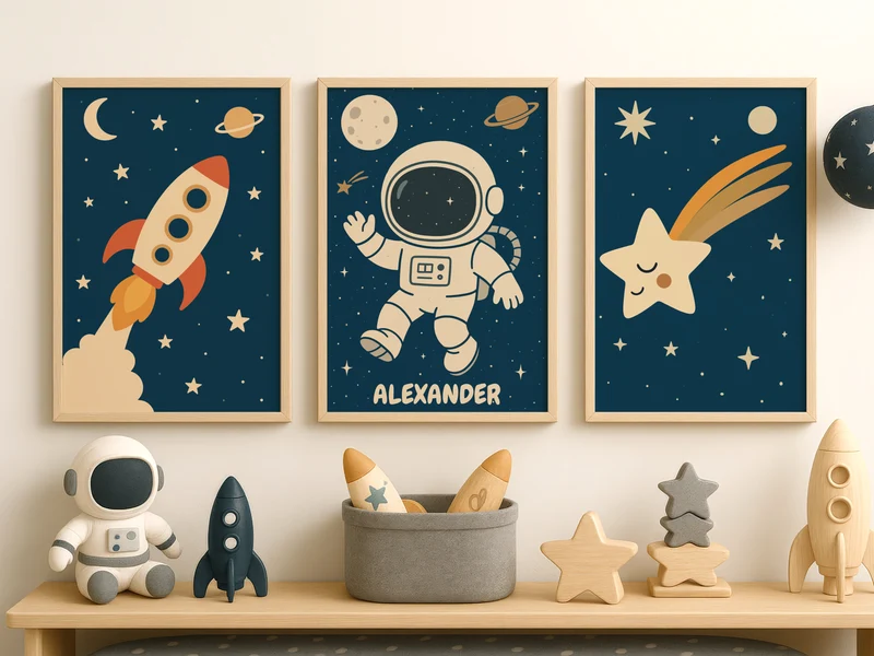 Kinderzimmer Poster personalisiert mit Namen, Babyzimmer Deko Weltraum Bilder, Astronaut Poster, Baby Geschenk Geburt Eltern, Poster Prints