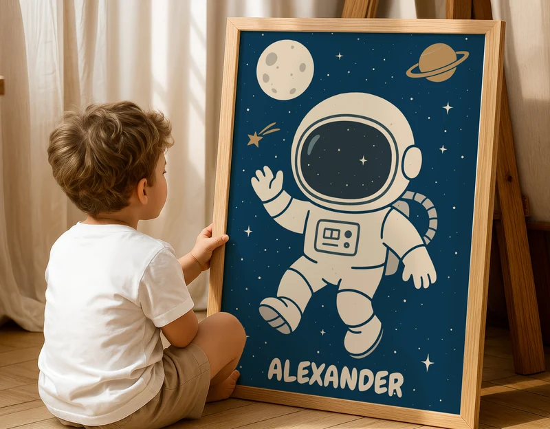 Kinderzimmer Poster personalisiert mit Namen, Babyzimmer Deko Weltraum Bilder, Astronaut Poster, Baby Geschenk Geburt Eltern, Poster Prints