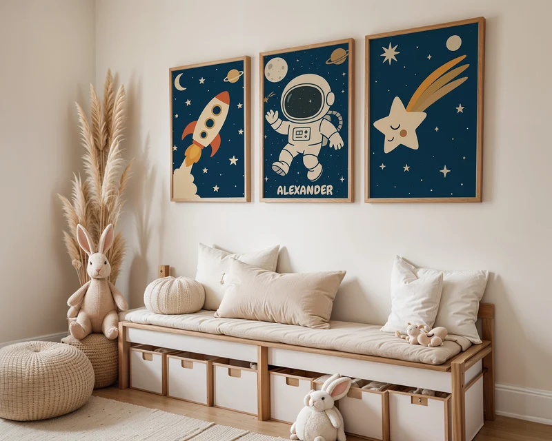 Kinderzimmer Poster personalisiert mit Namen, Babyzimmer Deko Weltraum Bilder, Astronaut Poster, Baby Geschenk Geburt Eltern, Poster Prints