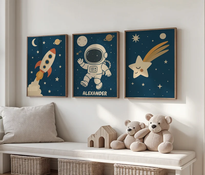 Kinderzimmer Poster personalisiert mit Namen, Babyzimmer Deko Weltraum Bilder, Astronaut Poster, Baby Geschenk Geburt Eltern, Poster Prints