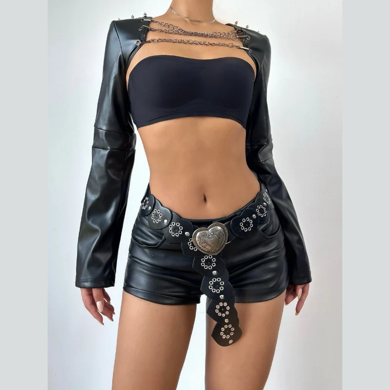 Leather long sleeve metal chain shrug top