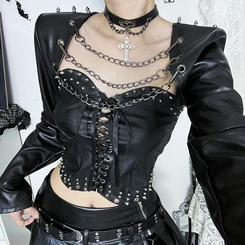 Leather long sleeve metal chain shrug top