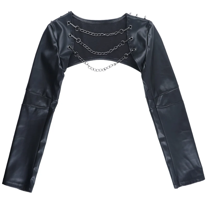 Leather long sleeve metal chain shrug top