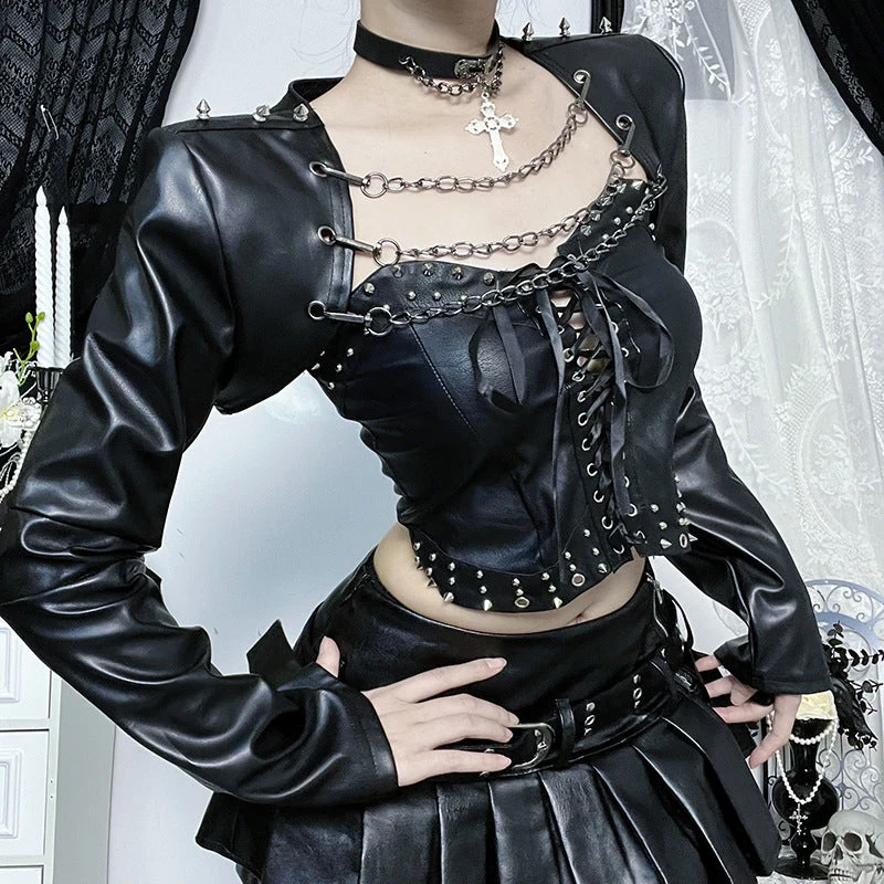 Leather long sleeve metal chain shrug top