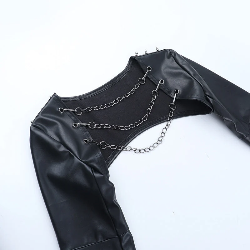 Leather long sleeve metal chain shrug top