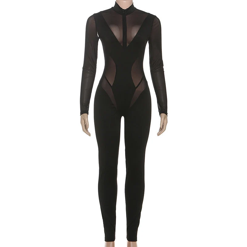 High neck long sleeve mesh patchwork jumpsuit