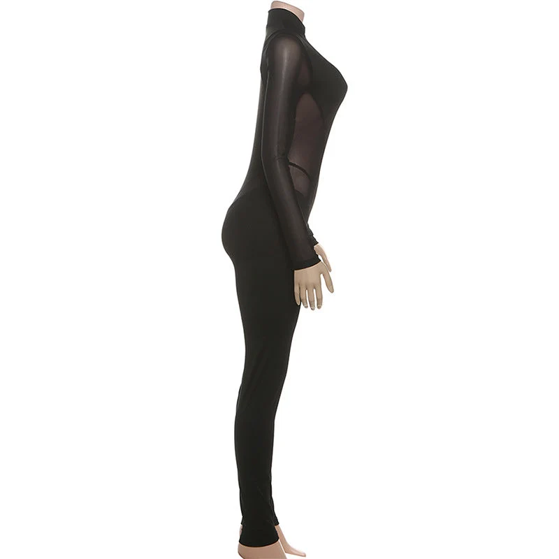 High neck long sleeve mesh patchwork jumpsuit