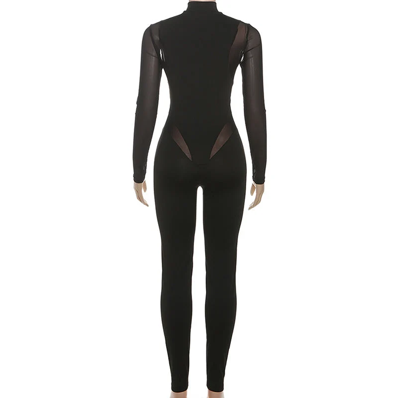 High neck long sleeve mesh patchwork jumpsuit