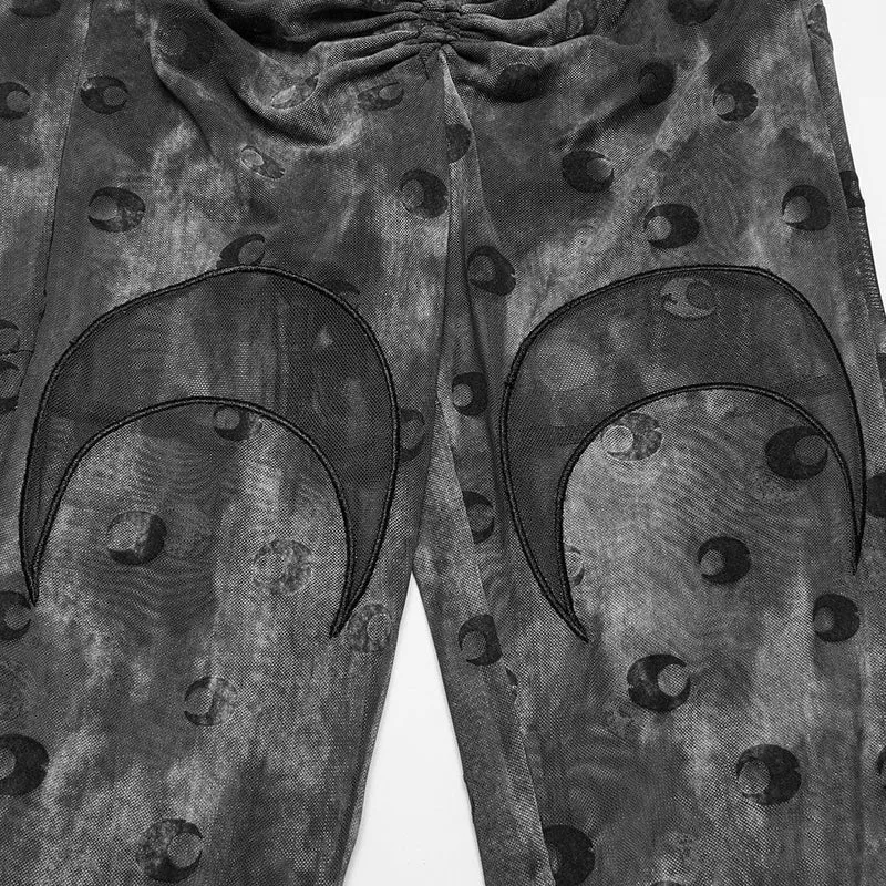 Gothic Moon Printed Lace-up Mesh Schlaghose für Damen Grau