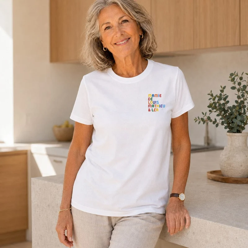 T-shirt personnalisé mamie - Prénoms multicolores brodés