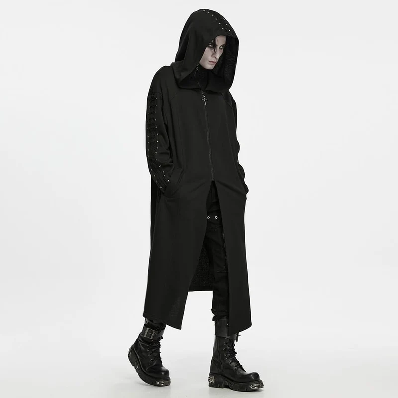 Punk-Herrenjacke mit Nieten, Frontreißverschluss und Kapuze, lang