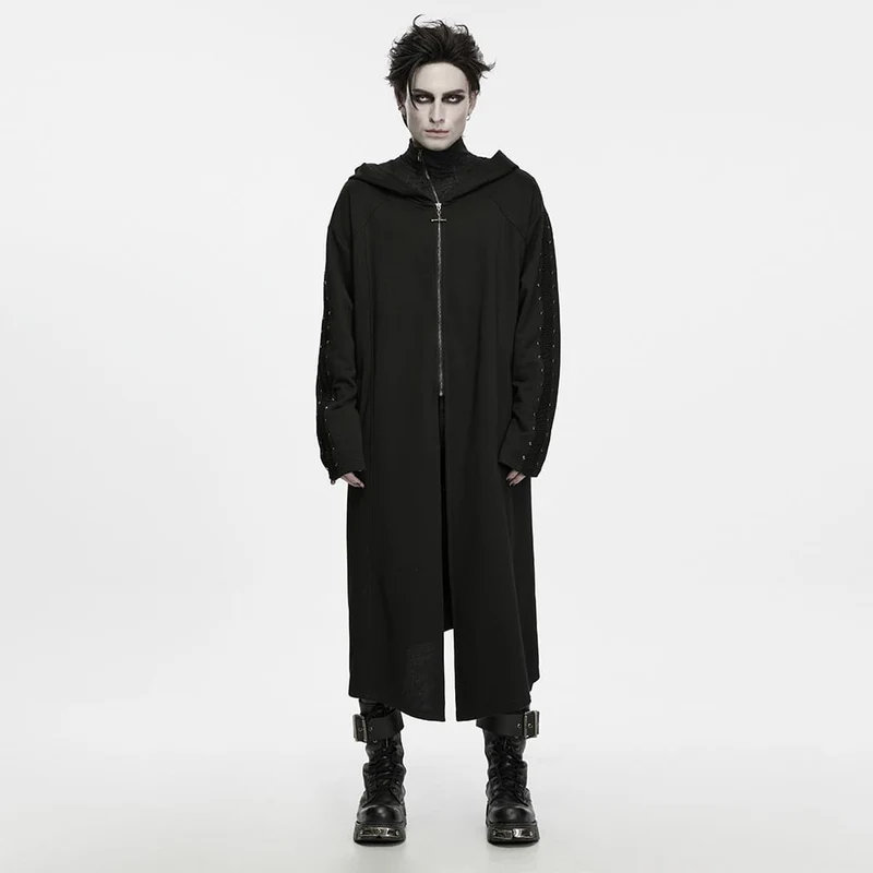 Punk-Herrenjacke mit Nieten, Frontreißverschluss und Kapuze, lang