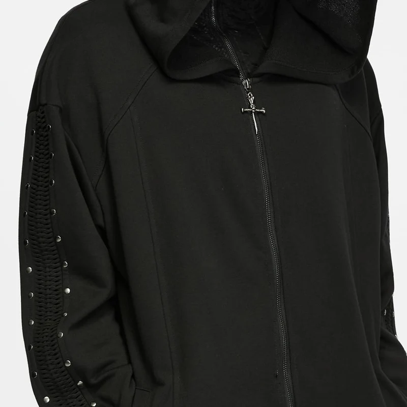 Punk-Herrenjacke mit Nieten, Frontreißverschluss und Kapuze, lang