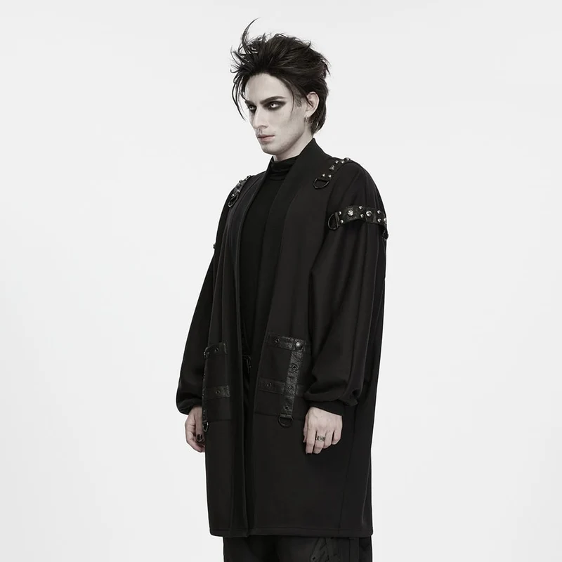 Punk-Strickjacke für Herren mit Ösen, Nieten, großer Tasche und Laternenärmeln