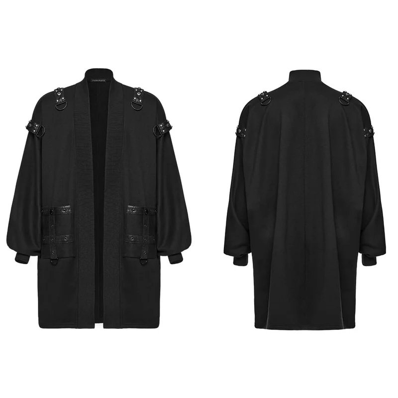 Punk-Strickjacke für Herren mit Ösen, Nieten, großer Tasche und Laternenärmeln
