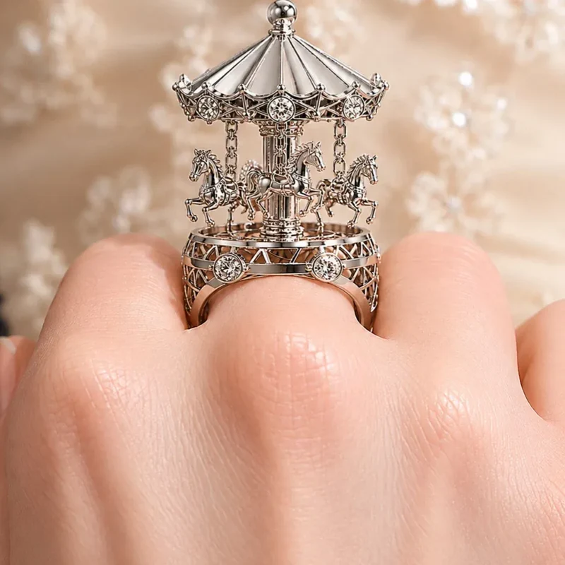 Gothic-Ring für Damen mit 3D-Strasssteinen im Karussell-Design und offenem Band