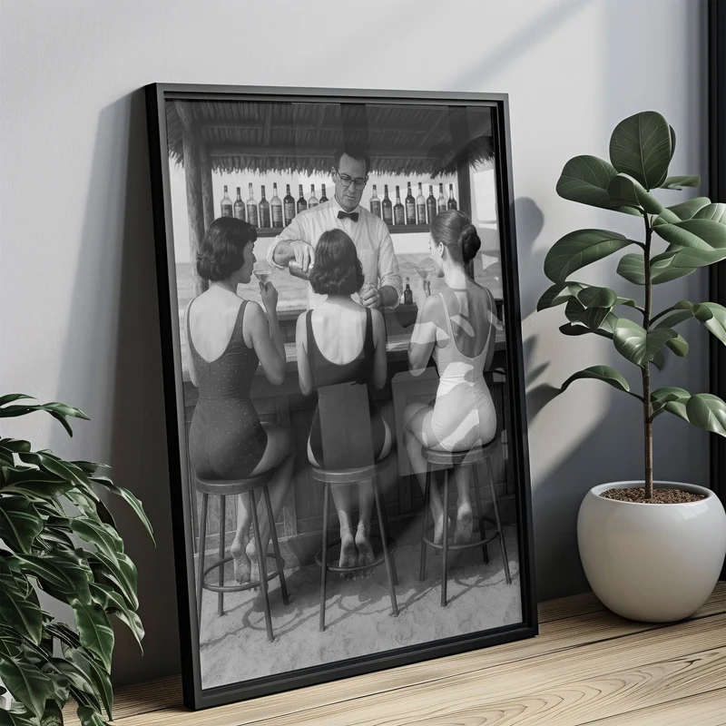 Frauen trinken Cocktails an der Bar Vintage Poster Wandkunst, schwarz weiß Druck, drei Freunde Vintage Bild, Alkohol Kunst, Retro Poster Art