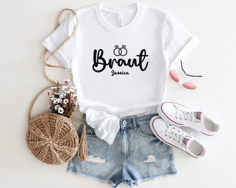 Braut Shirt Personalisiert JGA Shirts Braut & Team Braut mit Wunschnamen Junggesellinnenabschied Feiern Lustige JGA Sprüche T-Shirts Unisex