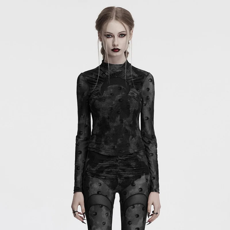 Gerafftes Netzhemd mit Gothic-Mond-Print für Damen in Grau