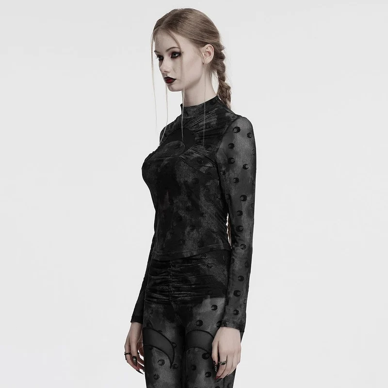 Gerafftes Netzhemd mit Gothic-Mond-Print für Damen in Grau