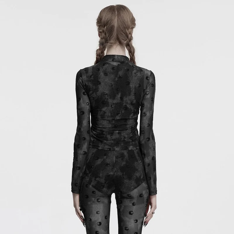 Gerafftes Netzhemd mit Gothic-Mond-Print für Damen in Grau