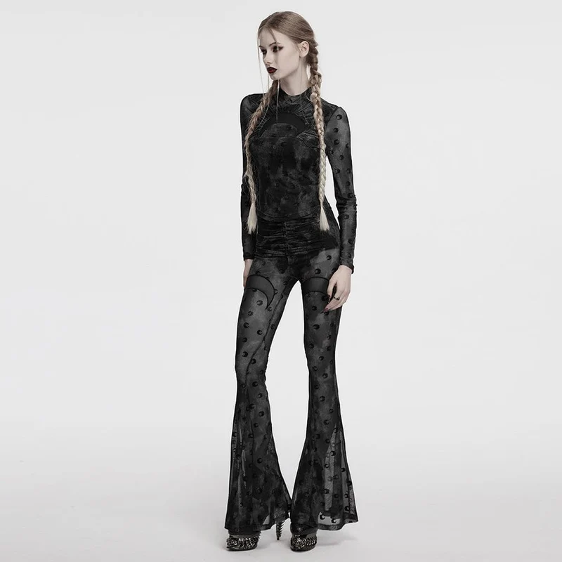 Gerafftes Netzhemd mit Gothic-Mond-Print für Damen in Grau