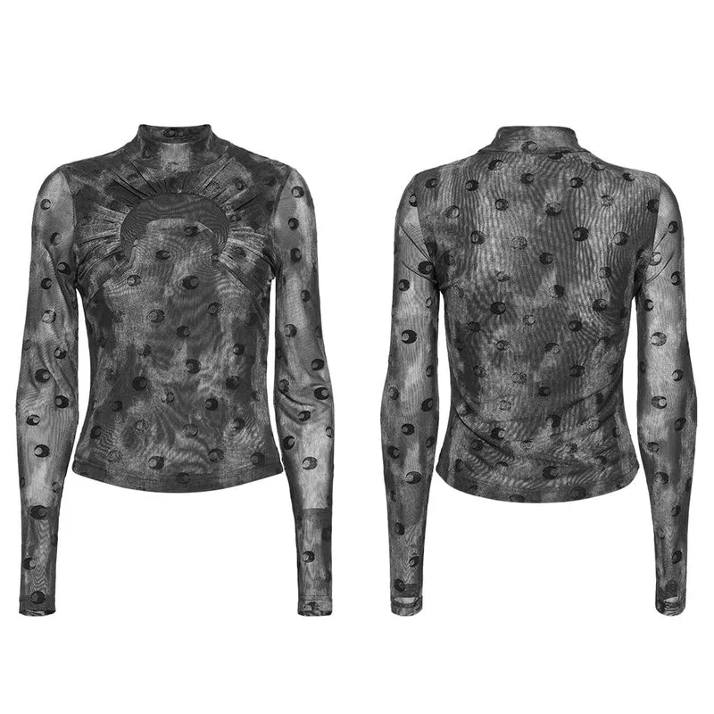 Gerafftes Netzhemd mit Gothic-Mond-Print für Damen in Grau