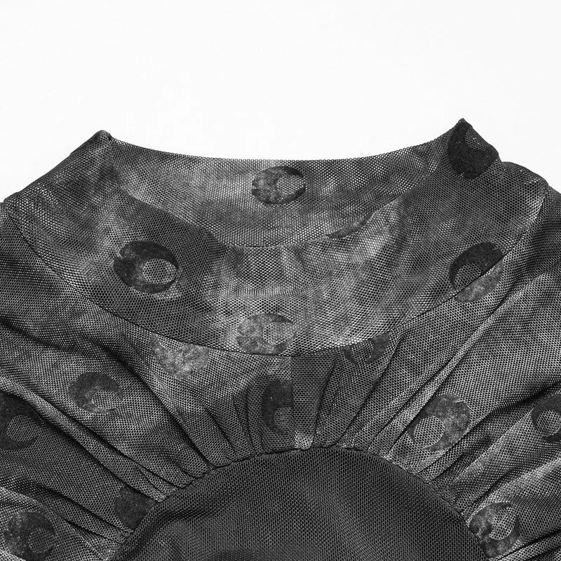 Gerafftes Netzhemd mit Gothic-Mond-Print für Damen in Grau