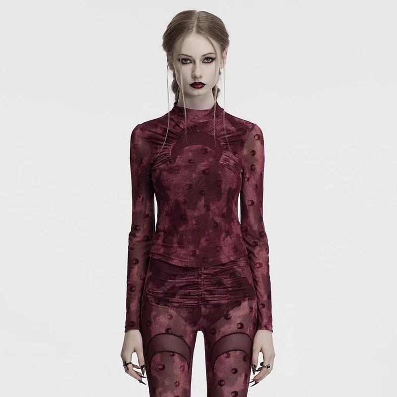 Gerafftes Netzhemd mit Gothic-Mond-Print für Damen in Rot