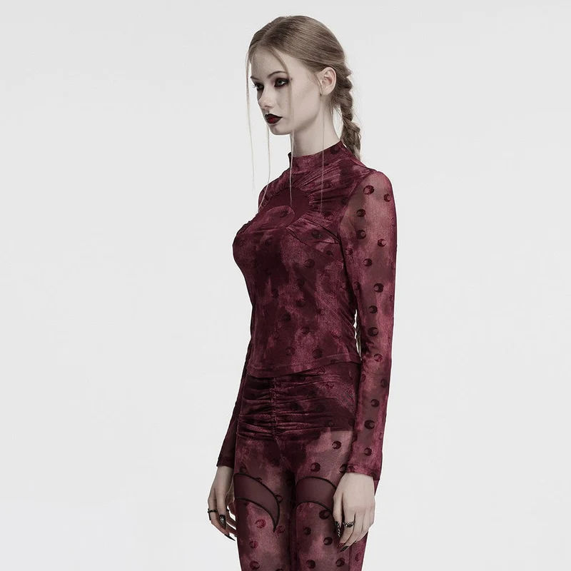 Gerafftes Netzhemd mit Gothic-Mond-Print für Damen in Rot