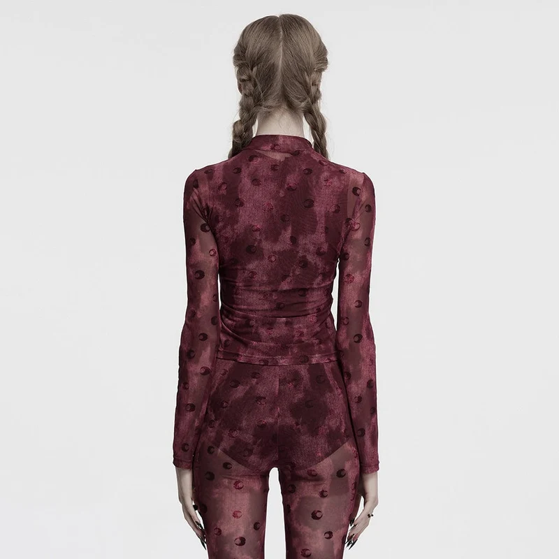 Gerafftes Netzhemd mit Gothic-Mond-Print für Damen in Rot
