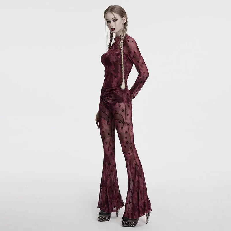 Gerafftes Netzhemd mit Gothic-Mond-Print für Damen in Rot