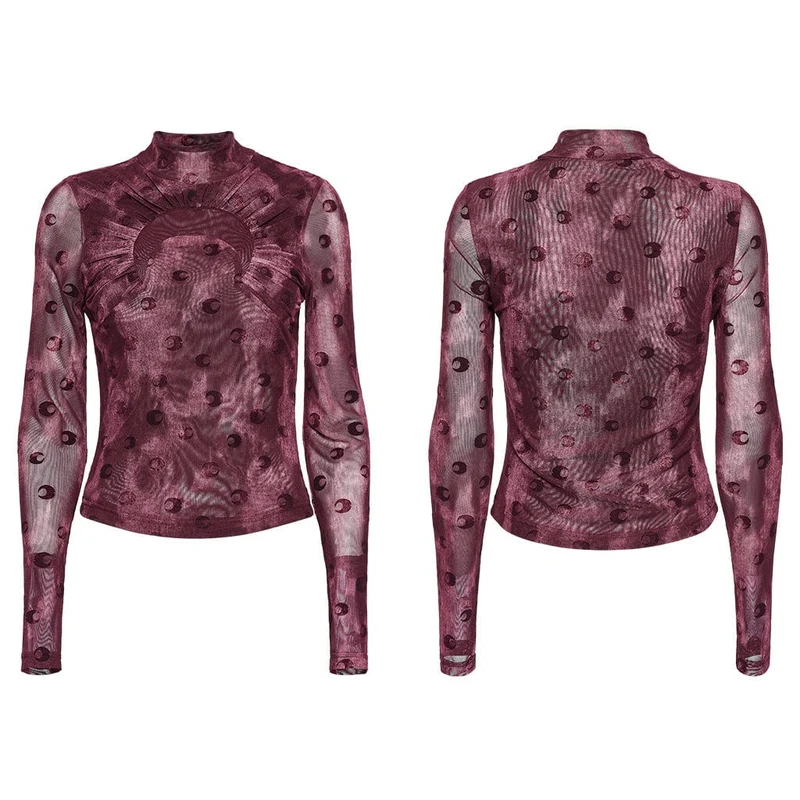 Gerafftes Netzhemd mit Gothic-Mond-Print für Damen in Rot