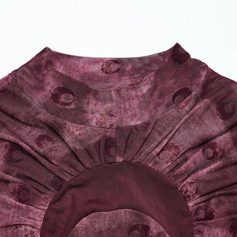 Gerafftes Netzhemd mit Gothic-Mond-Print für Damen in Rot