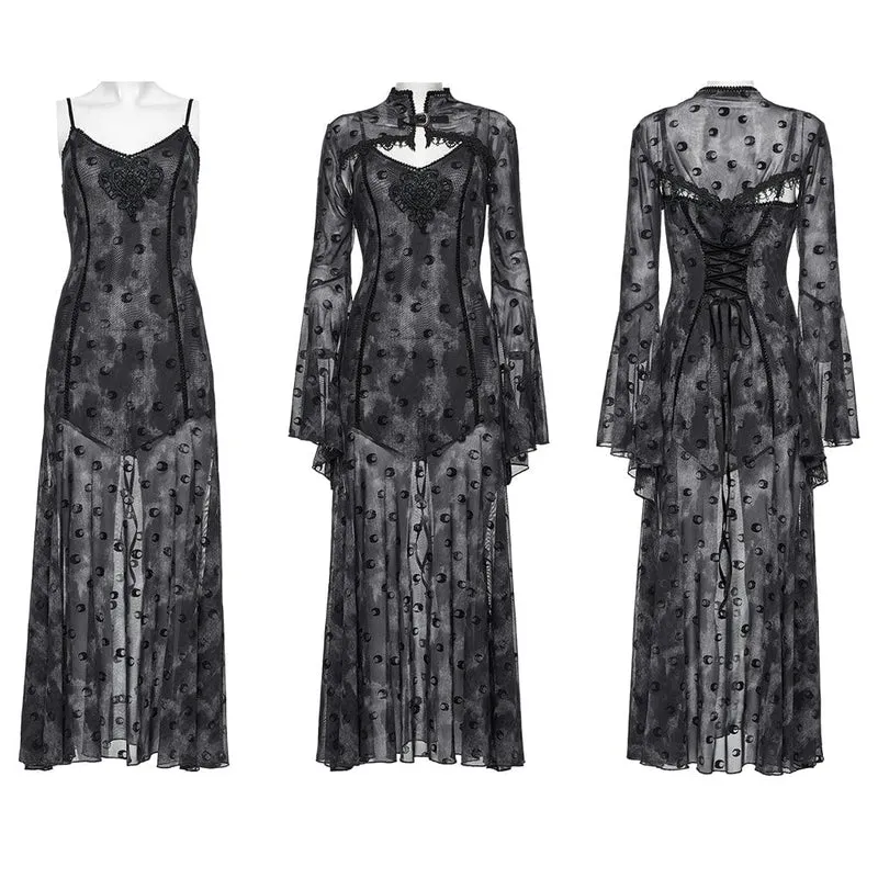 Damen Gothic Moon Printed Mesh Slip Dress mit Cape Grau