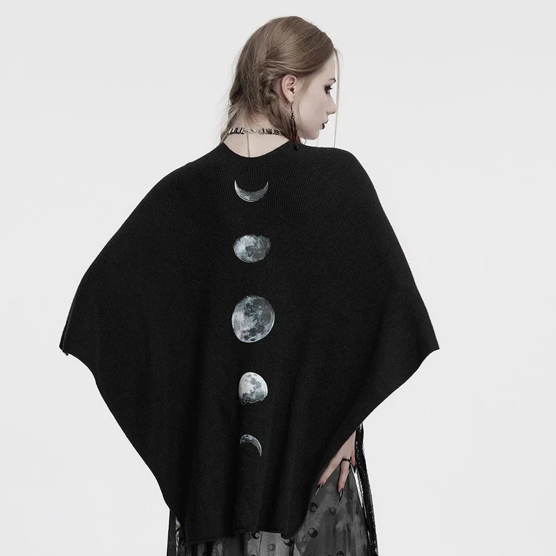 Flauschiger Spleißmantel mit Gothic-Mond-Print für Damen, Schwarz