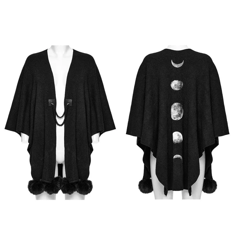 Flauschiger Spleißmantel mit Gothic-Mond-Print für Damen, Schwarz